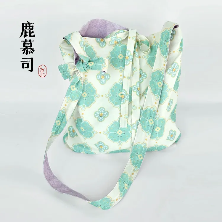 鹿慕司双面绿色团花汉服包包国风文艺百搭斜挎包单肩可调节布包