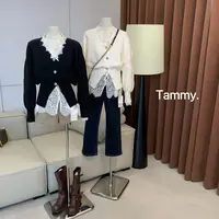 TammyV领纯色毛衣开衫+蕾丝休闲打底衫女秋季真两件叠穿套装