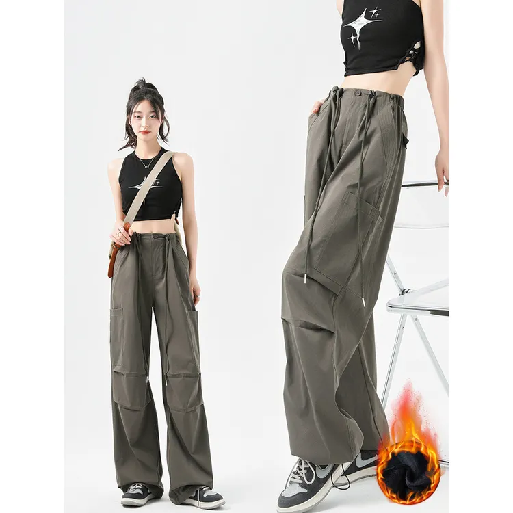 工装裤女秋冬新款高腰降落伞裤子休闲长裤显瘦美式加绒阔腿运动裤
