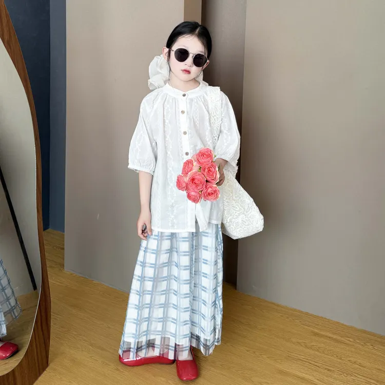 女童夏季洋气中大童2025儿童新款日常韩版休闲衬衫格子半身裙套装