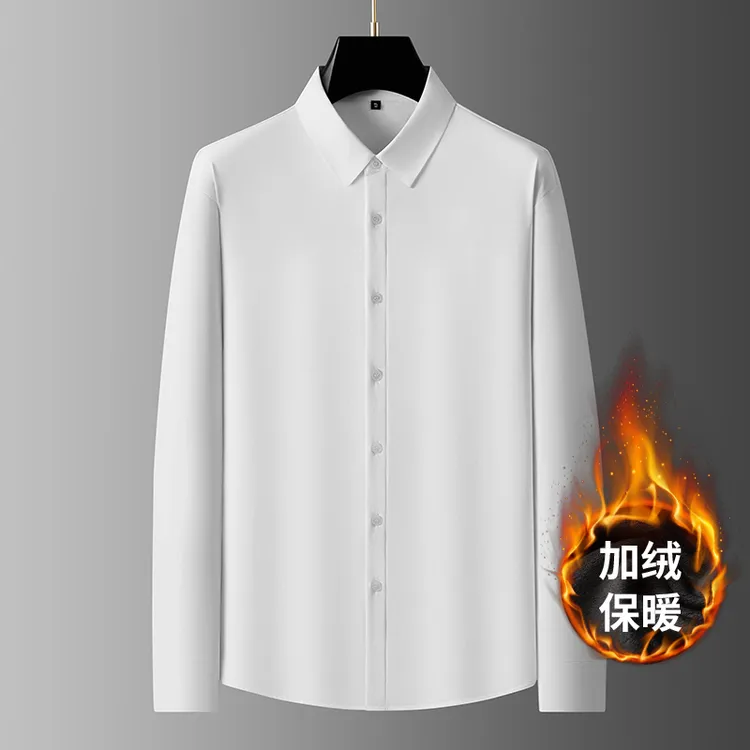 冬季男士大码纯色保暖加绒秋冬翻领商务休闲男长袖衬衫加大衬衣DJ