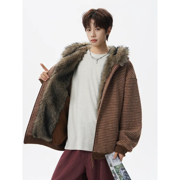 条纹座山雕棉服男女猫耳朵可爱外套冬季加绒加厚棉衣潮毛绒棉袄潮