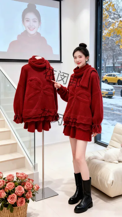 花闵邦立体蝴蝶结针织围巾三件套毛衣女半身裙套装秋冬加厚#908