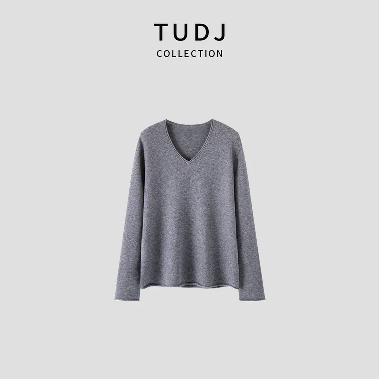 【TUDJ】慵懒风羊毛针织衫V领卷边长袖女秋冬百搭宽松显瘦纯色上衣