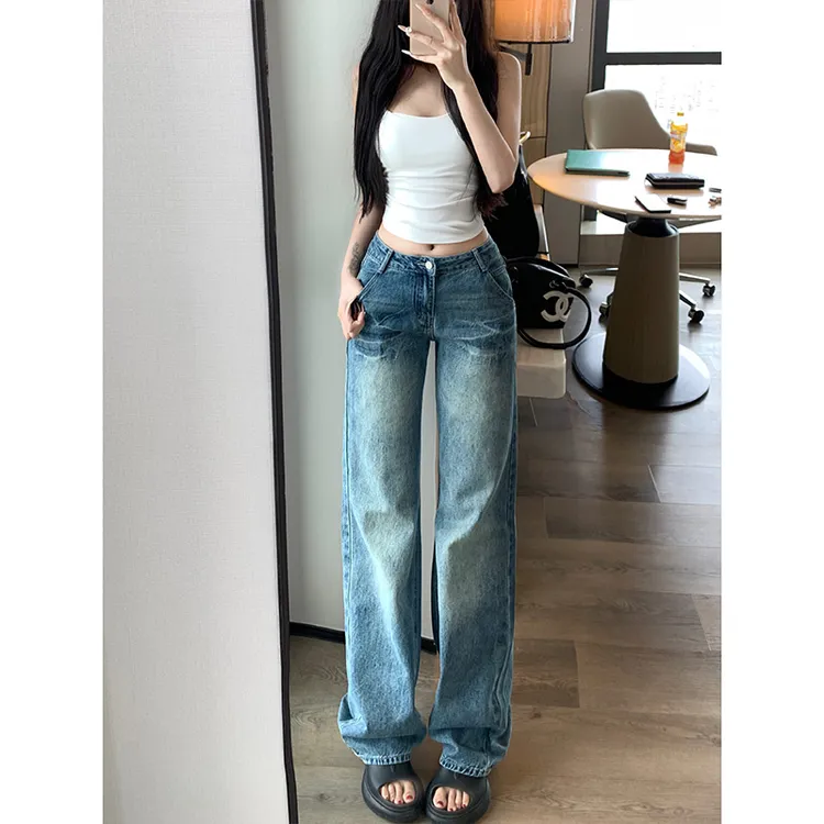 低腰窄版直筒牛仔裤女2025秋季新款水洗裂纹显瘦显腿直休闲拖地裤
