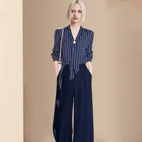 【两件套】通勤显瘦套装女2025新款条纹衬衫阔腿西装裤两件套D3456