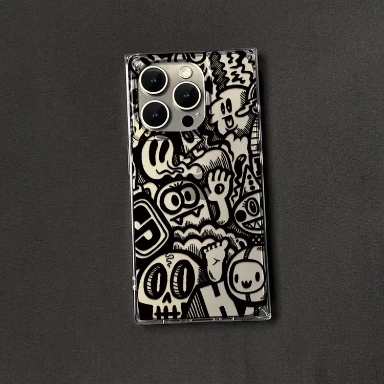 卡通招手涂鸦怪兽方块透明壳适用苹果16pro/15promax手机壳iPhone