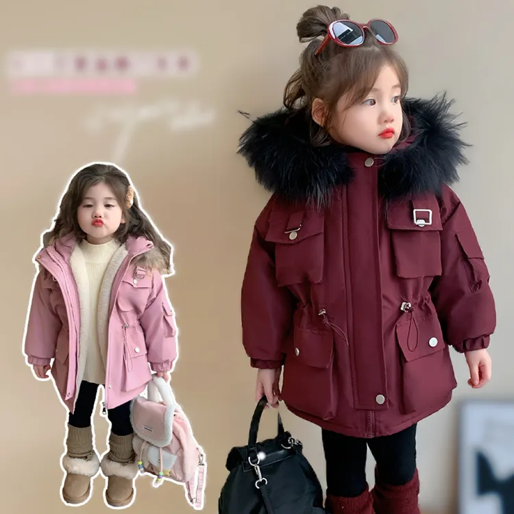 女童加绒加厚派克服韩版中长款儿童棉衣棉服小女孩冬季保暖棉袄潮