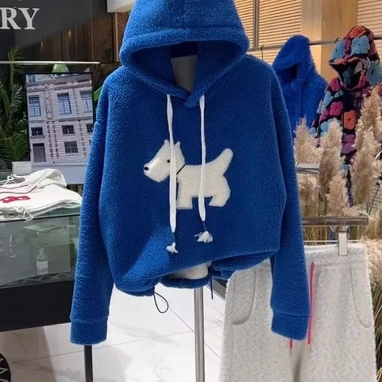 女童小狗刺绣羊羔毛连帽外套加绒加厚中大童保暖宽松冬季百搭卫衣