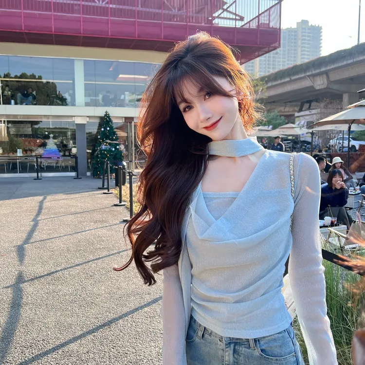 卡卡《满目星河》亮片飘带多穿长袖t恤女高级感气质上衣#8530