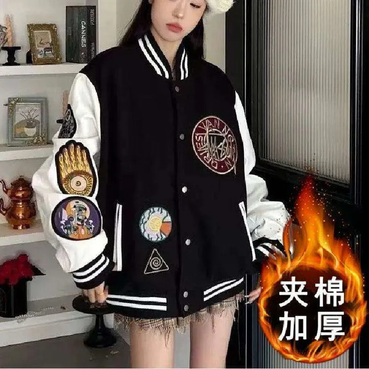 加绒百搭夹克加厚防水秋冬美式复古高街徽章棒球服棉衣外套男女
