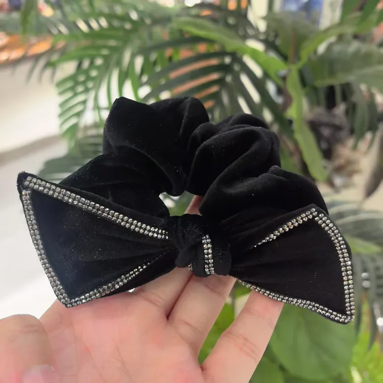 韩系新款精致黑色丝绒烫钻领结发圈4158