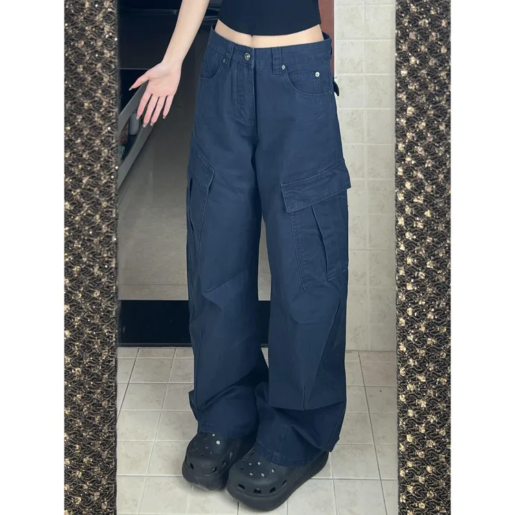宽松设计感阔腿工装牛仔裤女夏季美式复古高街弯刀口袋休闲直筒裤