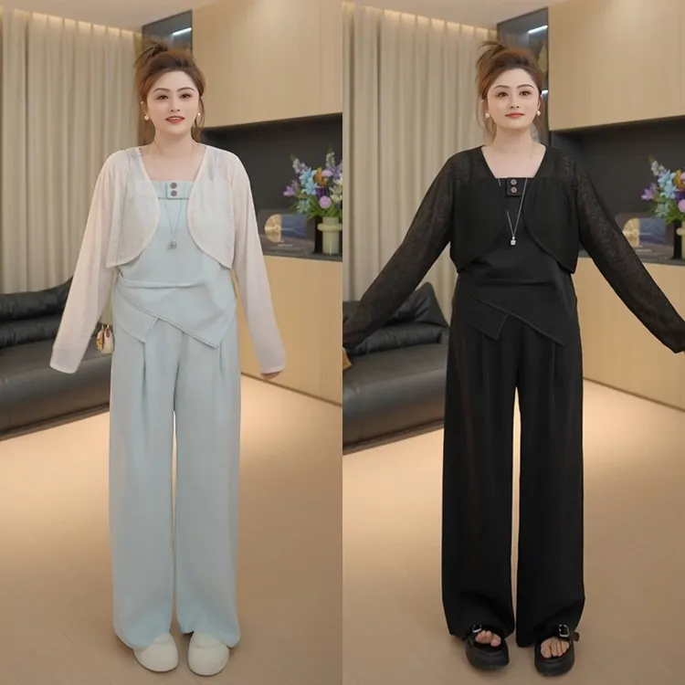 【胖佳佳】现货~海岛热恋套装 气质雪纺上衣休闲裤小衫H625A05813