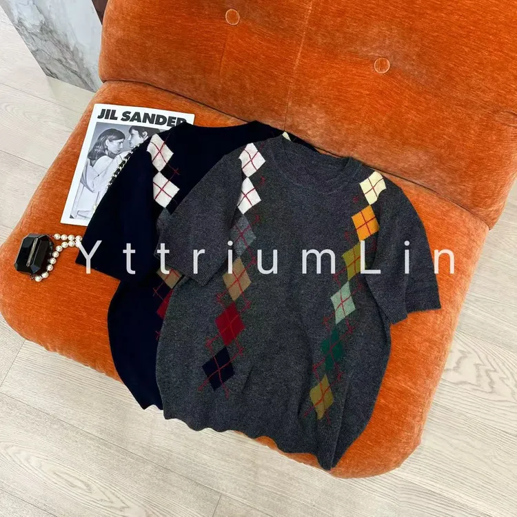 YTTRIUM LIN[短袖彩色菱形格]时尚百搭针织衫（不能机洗甩干）51559