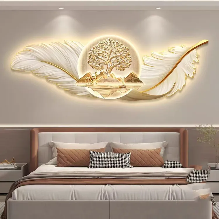 创意羽毛餐厅主卧室卧室床头装饰画主卧房间壁画简约高级感氛围画