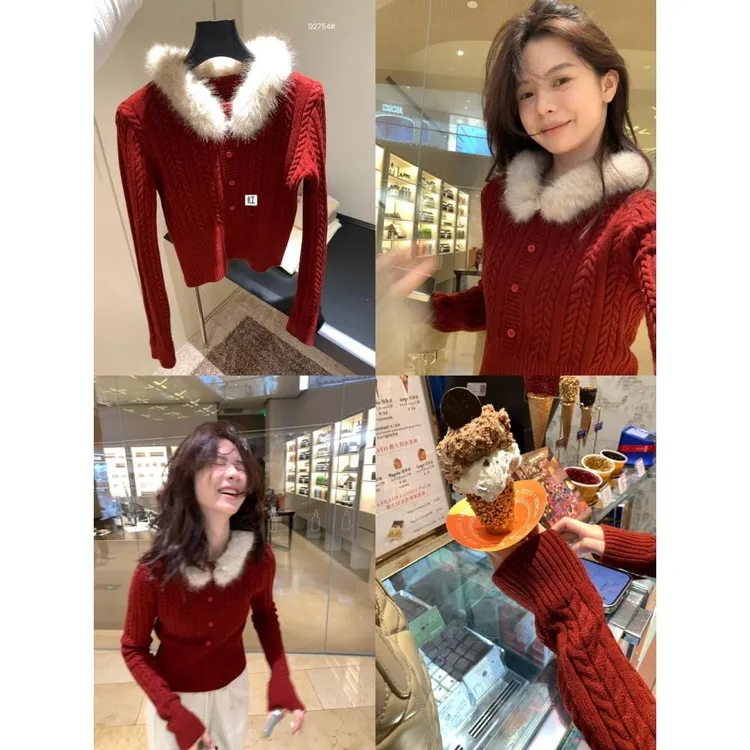 纯欲法式复古可拆卸毛毛领麻花毛衣双针织衫女冬季短上衣A11281