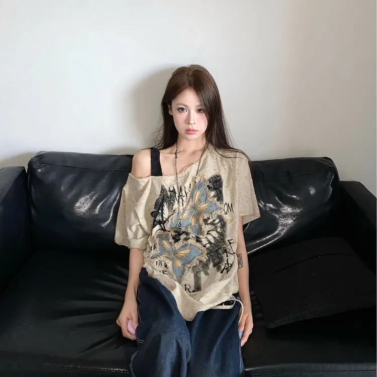 夏季新款辣妹美式复古不规则短袖T恤女士时尚印花显瘦宽松上衣潮