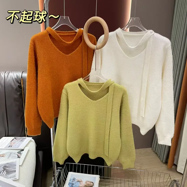 不起球 韩版挂脖飘带V领针织衫女高级感温柔风加厚毛衣