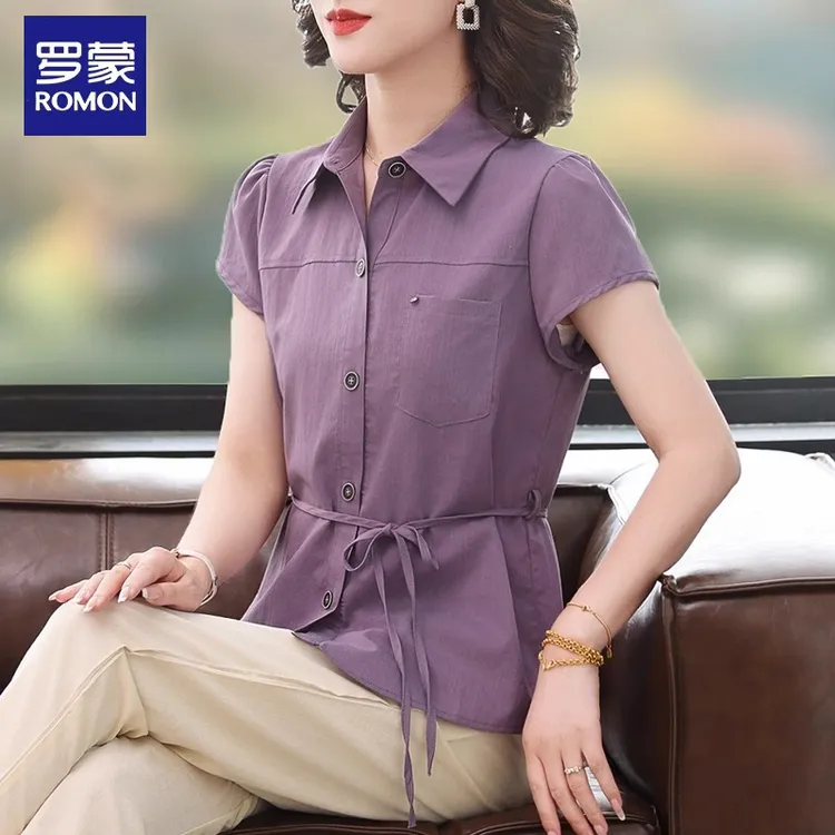 罗蒙妈妈夏装时尚短袖衬衫上衣2025新款洋气减龄中老年人女装衣服
