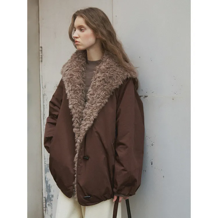 popchrio◆90白鸭绒复古花苞羽绒服环保皮草拼接工装夹克短外套女