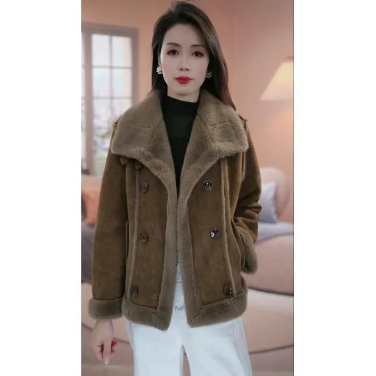 时尚立领防风宽松型冬季气质短款女保暖毛毛一体短外套大衣