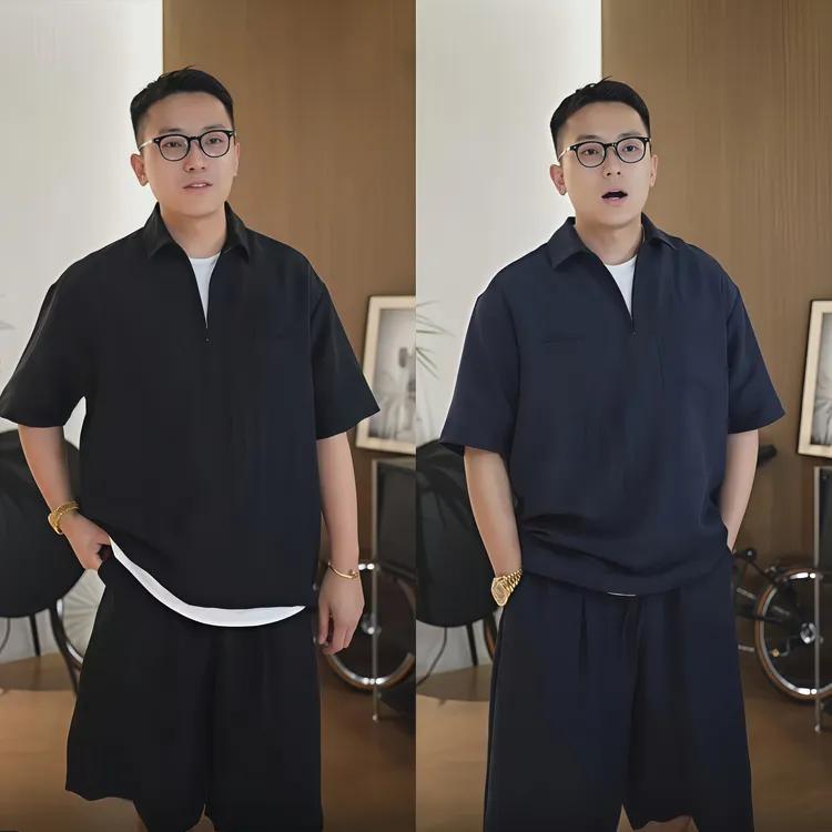 复古休闲透气运动短袖套装男宽松型立领时尚干净休闲潮流两件套装