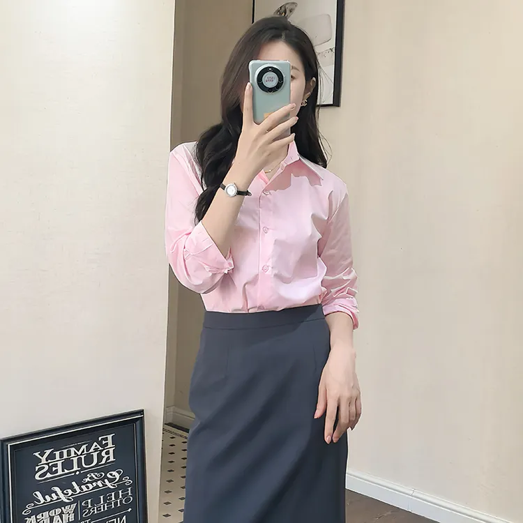 粉色韩版宽松纯棉衬衫女款外穿长袖衬衣轻奢小众洋气减龄甜美上衣