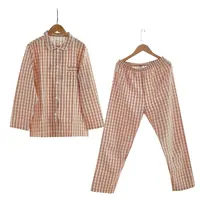 全棉睡衣家居服 无印长袖女睡衣日式良品格子情侣长裤家居服套装