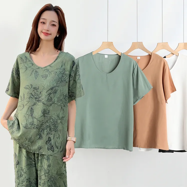 夏季新款薄款短袖T恤上衣女宽松大码V领打底外穿妈妈装棉绸上衣