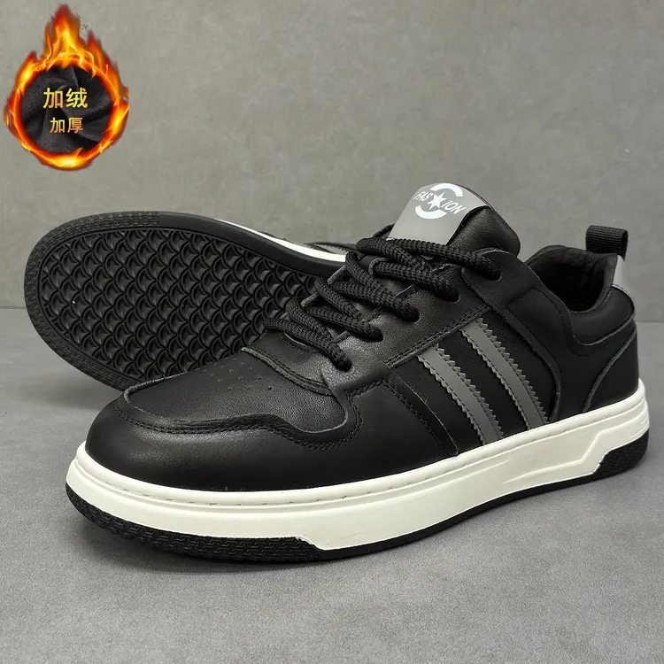 冬季新款加绒板鞋男轻奢时尚头层牛皮软皮软底百搭鞋防滑耐磨潮鞋