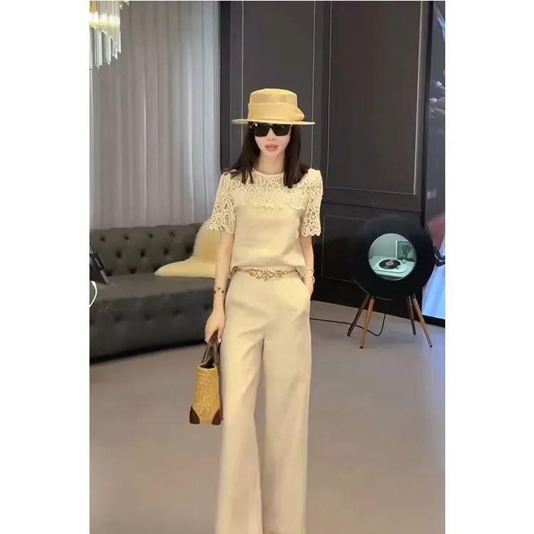 2025夏装轻奢高级感气质御姐穿搭套装镂空蕾丝亚麻上衣裤子两件套