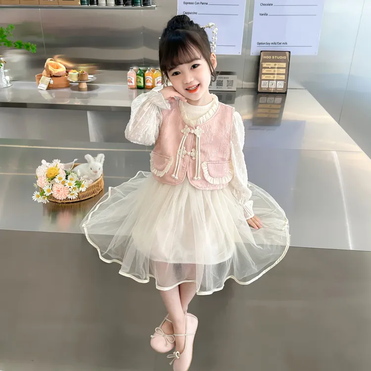 女童秋季连衣裙2025新款儿童中国风马甲裙子套装新中式公主裙纱裙