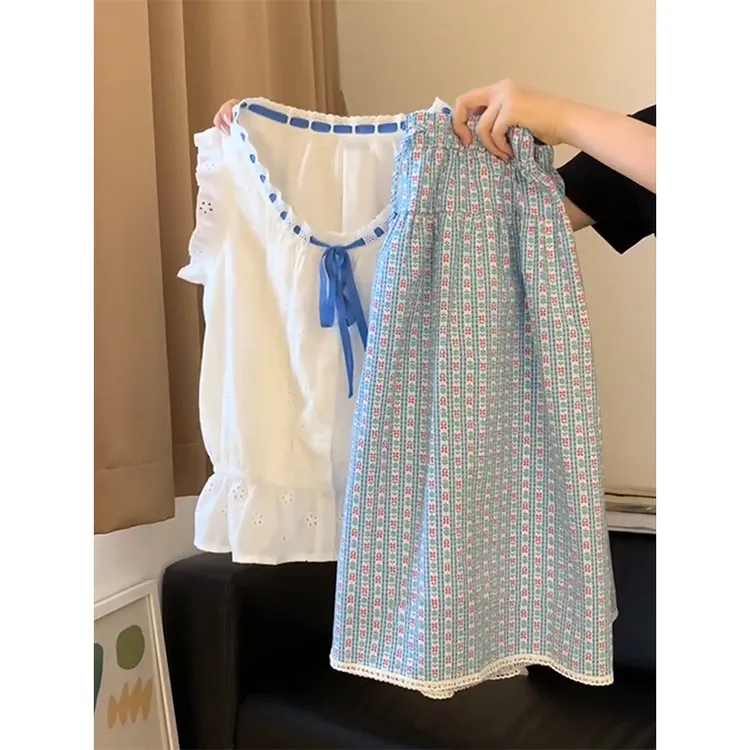 韩系设计感白色无袖衬衫格子半身裙女两件套装2025夏季款时尚套装