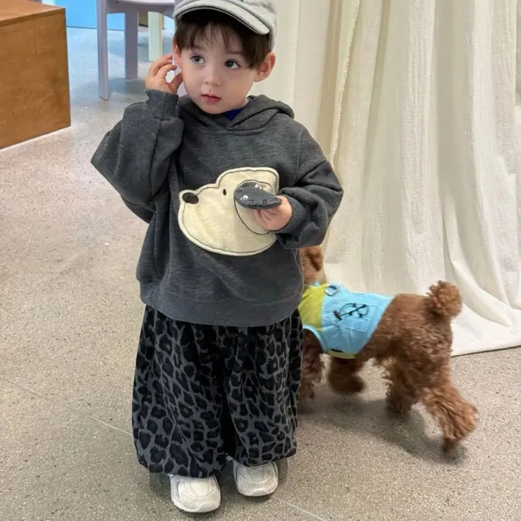 儿童秋冬卫衣套装男女宝宝卡通洋气可爱加绒加厚连帽卫衣豹纹裤子
