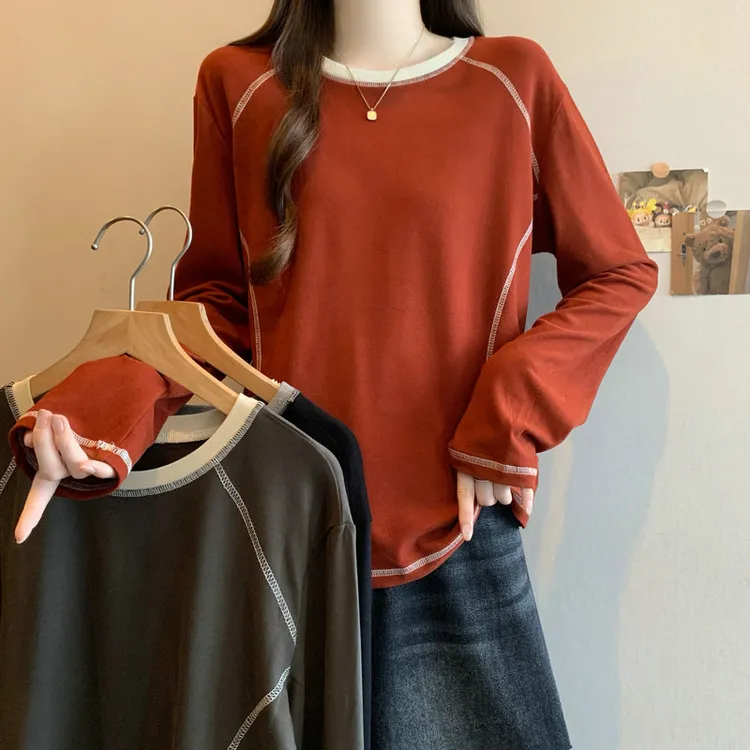 德绒撞色长袖t恤女2025新款秋冬季小个子韩版大码磨毛内搭打底衫