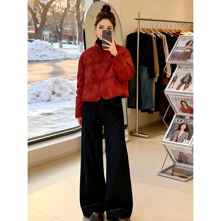 新中式国风盘扣立领印花洋气棉服女2025秋冬新款红色加厚外套棉袄