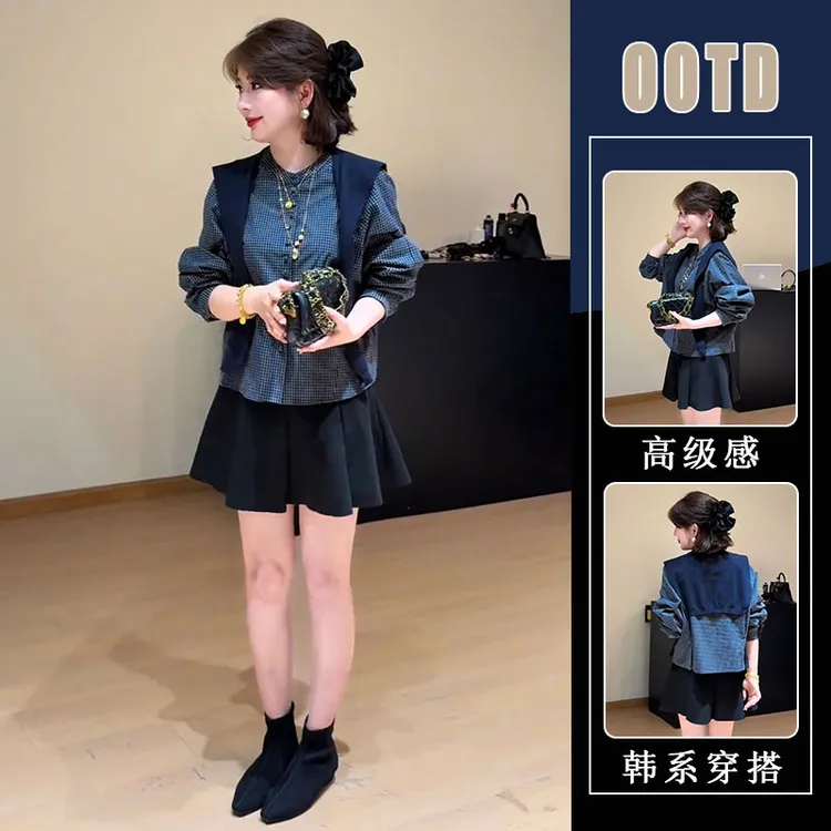 早秋新款通勤港风穿搭长袖衬衫上衣时尚慵懒风披肩半身裙三件套女