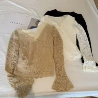 【豆子推荐】18036 冬季加绒V领蕾丝性感打底保暖法式上衣洋气