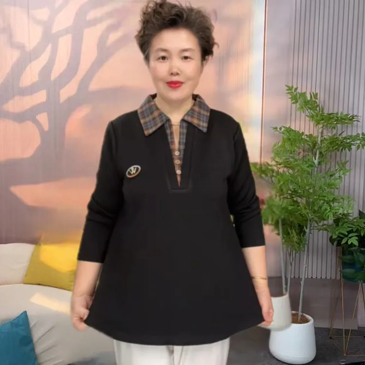 春秋时尚翻领中老年女装百搭假两件休闲小衫显瘦长袖拼接气质t恤