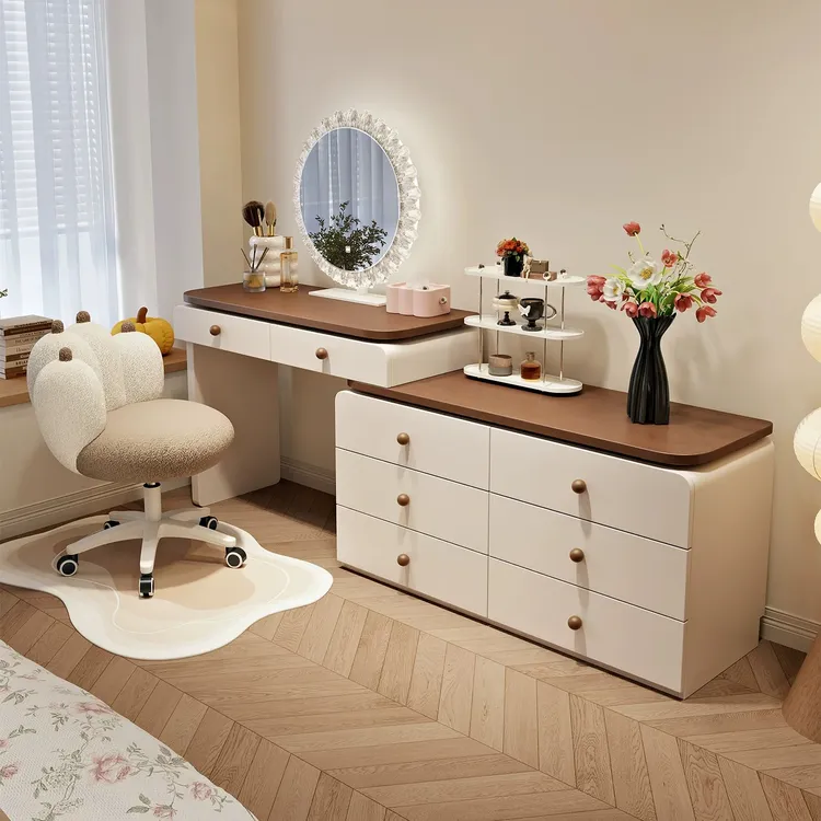 卧室梳妆台斗柜一体新款主卧中古风全实木化妆桌简约床尾收纳储物