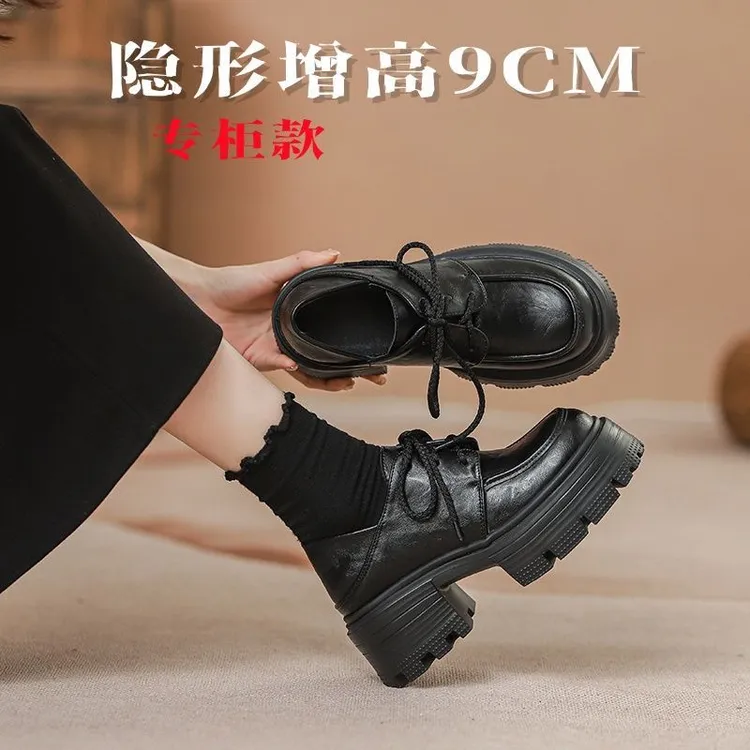 真皮内增高9cm厚底小皮鞋女英伦系带高跟复古小个子春秋单鞋