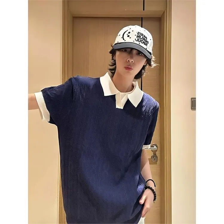 藏青色老钱风polo衫短袖男夏美式假两件提花翻领t恤cleanfit半袖