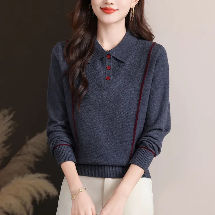 秋冬娃娃领女提花套头上衣宽松打底衫秋翻领上衣春秋遮肚毛衣妈妈