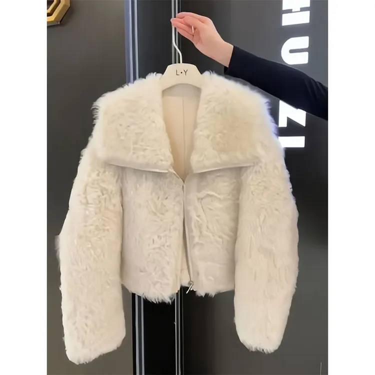 简约休闲短款翻领毛毛外套女秋冬高级感气质百搭保暖宽松开衫上衣