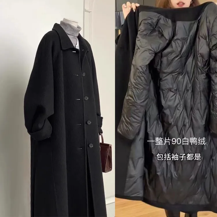 黑色羽绒服内胆毛呢大衣女2025冬季新款小个子中长款加厚呢子外套