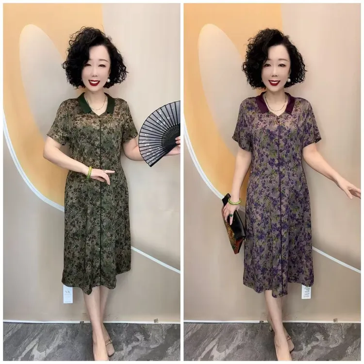 2507夏新品丁香花小翻领中老年宽松大码遮肚长款连衣裙，裙长108