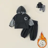 现货【薄绒】儿童加绒套装冬季新款男童假两件拼接条纹两件套AT043
