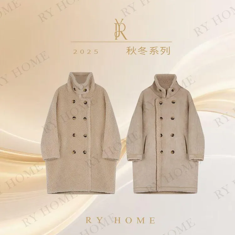 【容雨RYHOME】100%绵羊毛立领双排扣绒面长款大衣253W2615