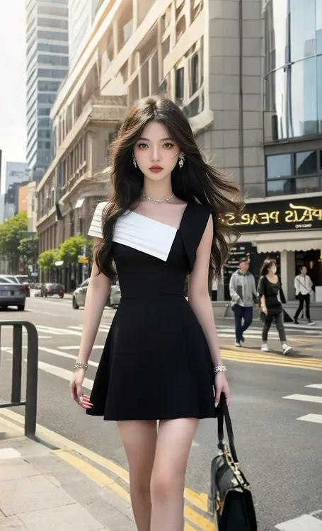 夏季新款黑色拼接斜领收腰连衣裙女小众时尚气质显瘦高级轻奢穿搭